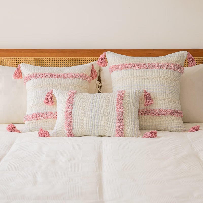 BUIOVBEY Boho Throw Pillow Covers 18x18 Set of 2 Woven Tufted Farmhouse Pillows Cover with Tassels Textured Striped Cushion Case Neutral Pillow Cases Decorative Pillowcase for Sofa  Couch  Bed  Pink - Image 5