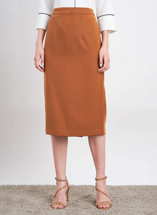 Salt Attire SALT ATTIRE Tan Solid Straight Knee Length Skirt