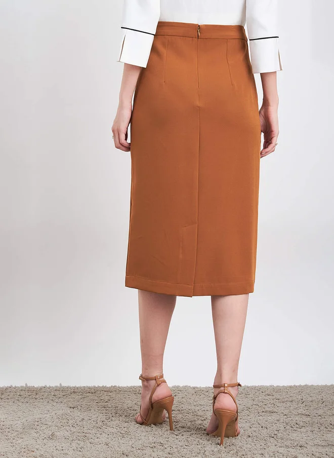 Salt Attire SALT ATTIRE Tan Solid Straight Knee Length Skirt