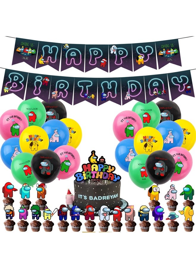 Zeemey - Among us Balloon Set with Happy Birthday Banner,Cake Topper,Perfect for Graduation Baby Shower Birthday Bachelorette Party Backdrop Decoration,Suitable for Indoor and Outdoor - Image 1
