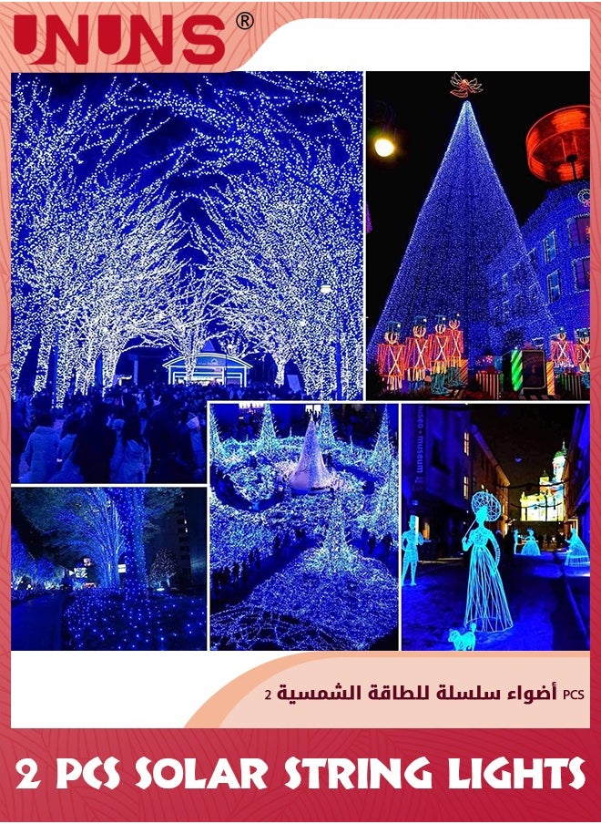 UNUNS Solar String Lights,Each 2-Pack 12m 100 LED Fairy Lights,Super Bright Waterproof Solar Fairy Lights,8 Modes Solar Outdoor String Lights For Garden Tree Patio Party,Blue  - Image 1
