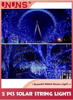UNUNS سلسلة أضواء تعمل بالطاقة الشمسية، كل عبوة من قطعتين بطول 12 مترًا و100 مصباح LED، مصابيح خرافية تعمل بالطاقة الشمسية فائقة السطوع ومقاومة للماء، 8 أوضاع لمصابيح خارجية تعمل بالطاقة الشمسية للحديقة والأشجار والفناء والحفلات، باللون الأزرق  - Image 5
