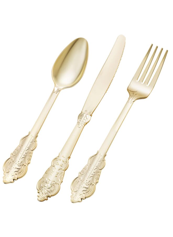 75 قطعة من أدوات المائدة الفضية البلاستيكية الذهبية لـ 25 ضيفًا، مجموعات أدوات مائدة ذهبية متينة للاستخدام مرة واحدة، تتضمن 25 شوكة و25 ملعقة و25 سكينًا، أدوات مائدة أنيقة مثالية لحفلات الزفاف والحفلات - Image 1