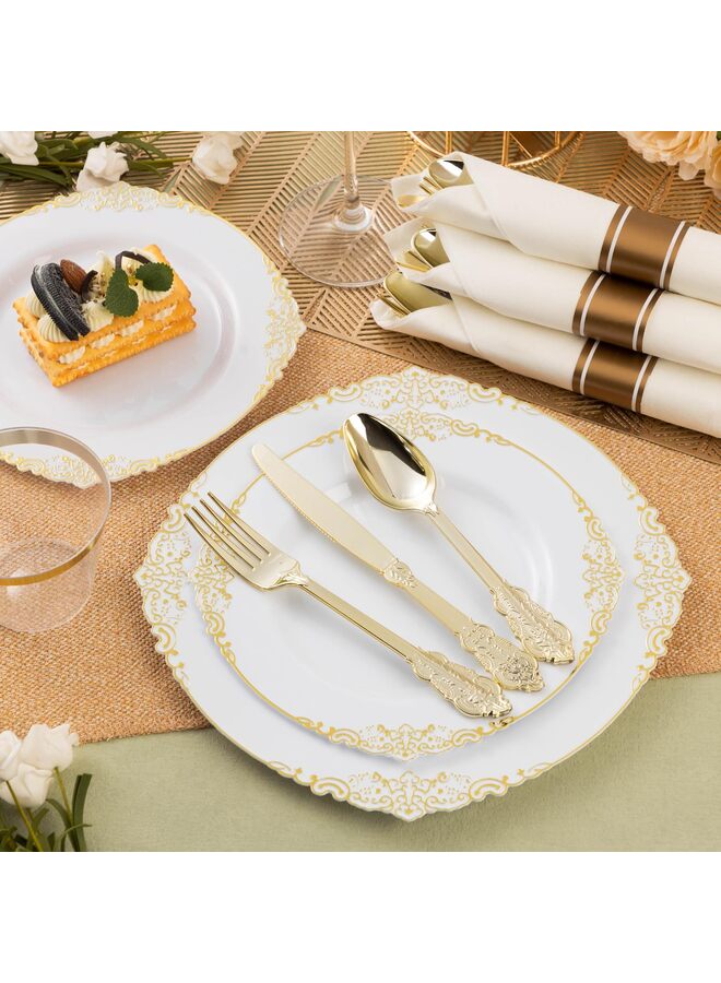 75 قطعة من أدوات المائدة الفضية البلاستيكية الذهبية لـ 25 ضيفًا، مجموعات أدوات مائدة ذهبية متينة للاستخدام مرة واحدة، تتضمن 25 شوكة و25 ملعقة و25 سكينًا، أدوات مائدة أنيقة مثالية لحفلات الزفاف والحفلات - Image 5