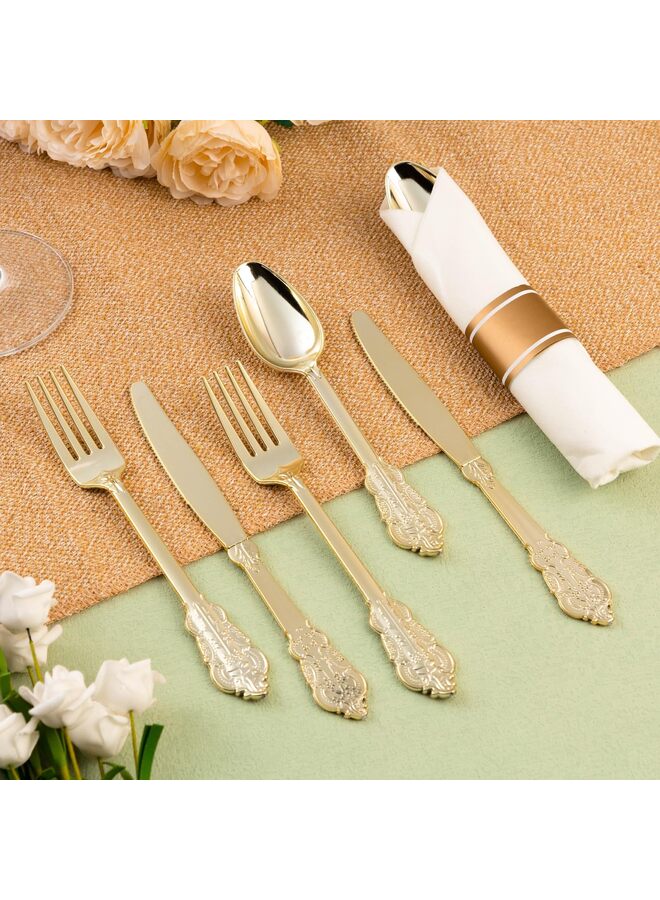 75 قطعة من أدوات المائدة الفضية البلاستيكية الذهبية لـ 25 ضيفًا، مجموعات أدوات مائدة ذهبية متينة للاستخدام مرة واحدة، تتضمن 25 شوكة و25 ملعقة و25 سكينًا، أدوات مائدة أنيقة مثالية لحفلات الزفاف والحفلات - Image 4