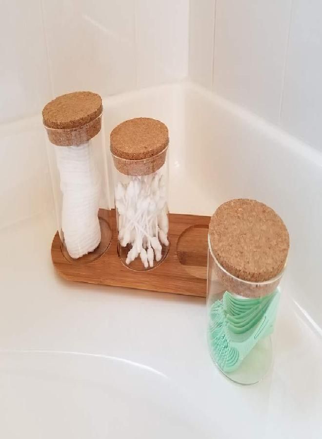 SplashSoup SplashSoup Glass Jar Set on Bamboo Tray, Natural Cork Lids, Bath Item Qtip Cotton Ball Canisters, Seasonal Display Decor, Centerpiece - Image 2