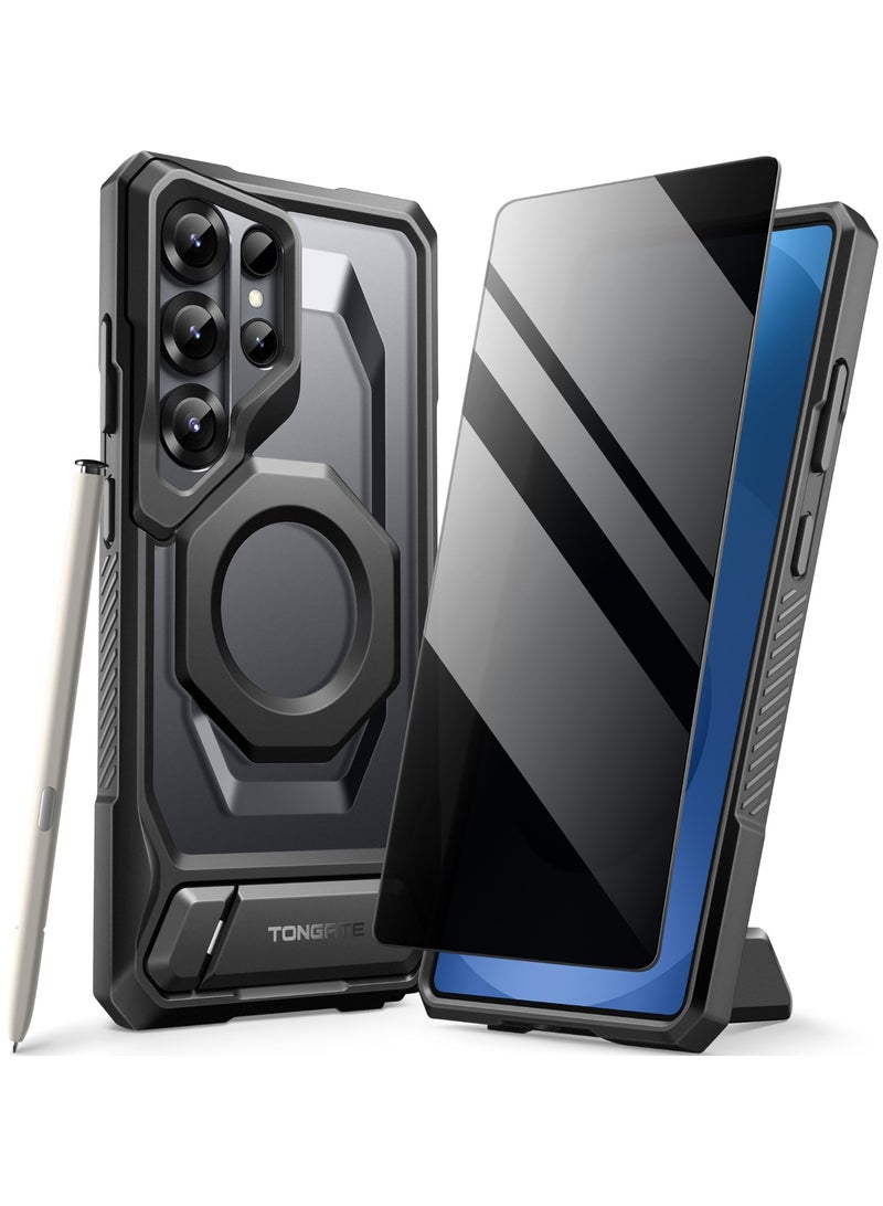 TONGATE Magnetic for Samsung Galaxy S25 Ultra Case with Aluminum Alloy Stand, Privacy Screen Protector, Compatible with MagSafe, TPU Anti-slip Edge, Military Grade Protection Case for S25 Ultra, Black - Image 1