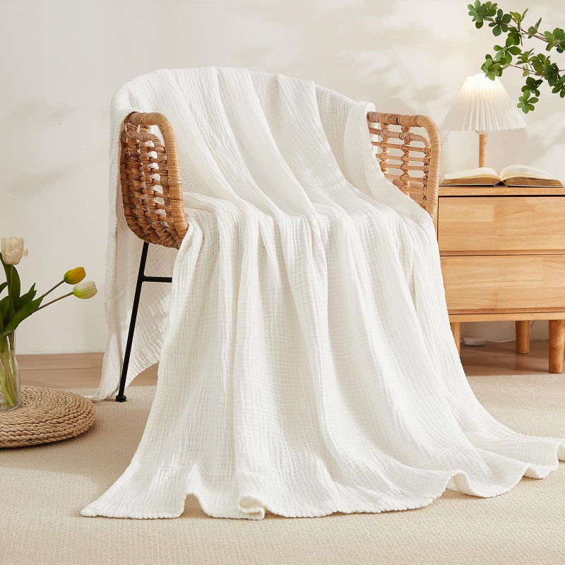 يمي Cotton Blanket for Couch Breathable Gauze All Season Soft and Lightweight Muslin White Throw Blankets for Adults (White, 50x70) - Image 2