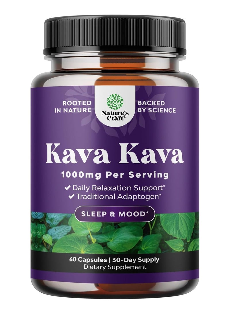 Natures Craft Kava Root Mood Support Supplement - 1000mg Kava Kava Capsules Fast Acting Mood Boost and Relaxing Supplement - Calming Kava Extract Vegan Adaptogen Supplement for Stress Focus & Sleep (60 Caps) - Image 1