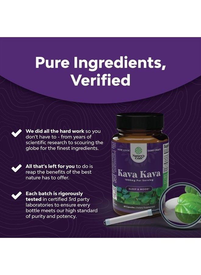 Natures Craft - Kava Root Mood Support Supplement - 1000mg Kava Kava Capsules Fast Acting Mood Boost and Relaxing Supplement - Calming Kava Extract Vegan Adaptogen Supplement for Stress Focus & Sleep (60 Caps) - Image 1