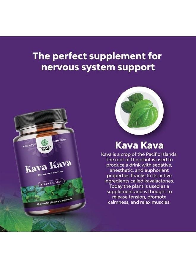 Natures Craft - Kava Root Mood Support Supplement - 1000mg Kava Kava Capsules Fast Acting Mood Boost and Relaxing Supplement - Calming Kava Extract Vegan Adaptogen Supplement for Stress Focus & Sleep (60 Caps) - Image 1
