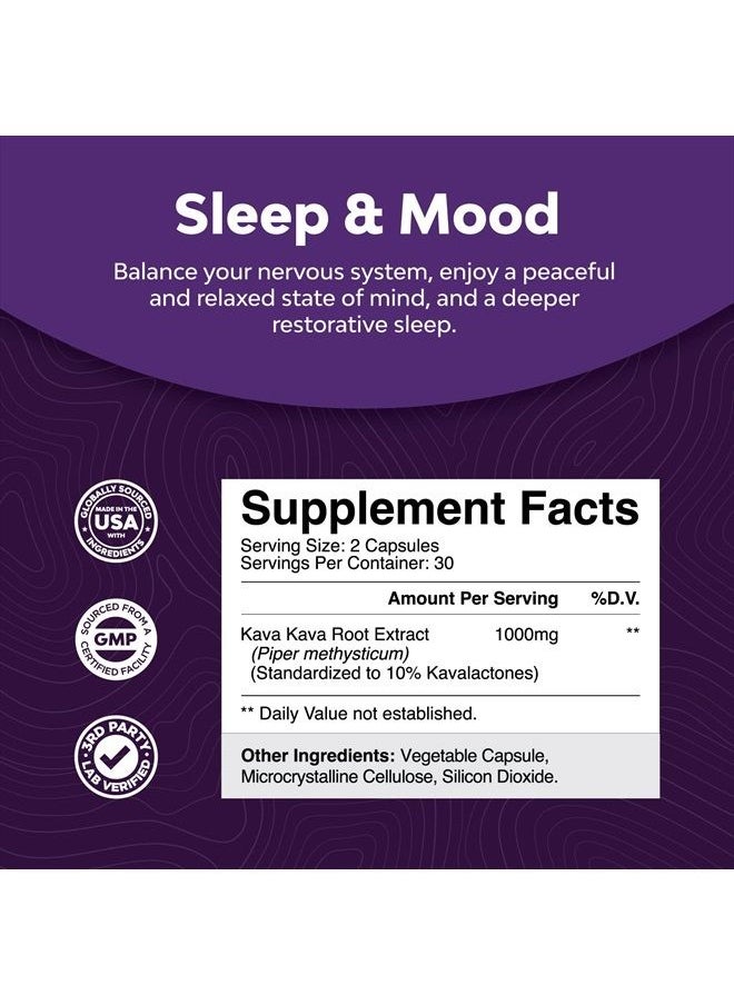 Natures Craft - Kava Root Mood Support Supplement - 1000mg Kava Kava Capsules Fast Acting Mood Boost and Relaxing Supplement - Calming Kava Extract Vegan Adaptogen Supplement for Stress Focus & Sleep (60 Caps) - Image 1