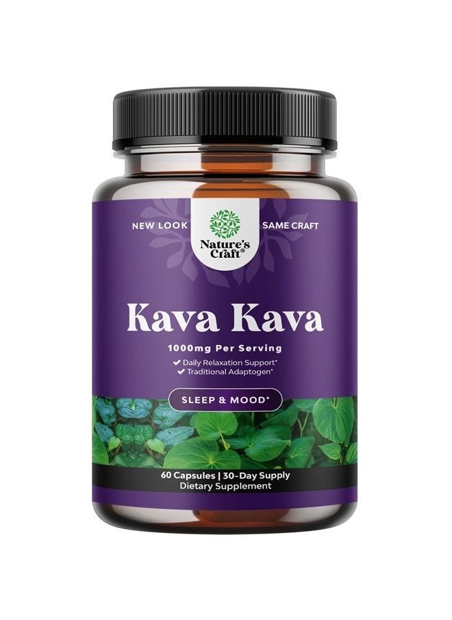 Natures Craft - Kava Root Mood Support Supplement - 1000mg Kava Kava Capsules Fast Acting Mood Boost and Relaxing Supplement - Calming Kava Extract Vegan Adaptogen Supplement for Stress Focus & Sleep (60 Caps) - Image 1