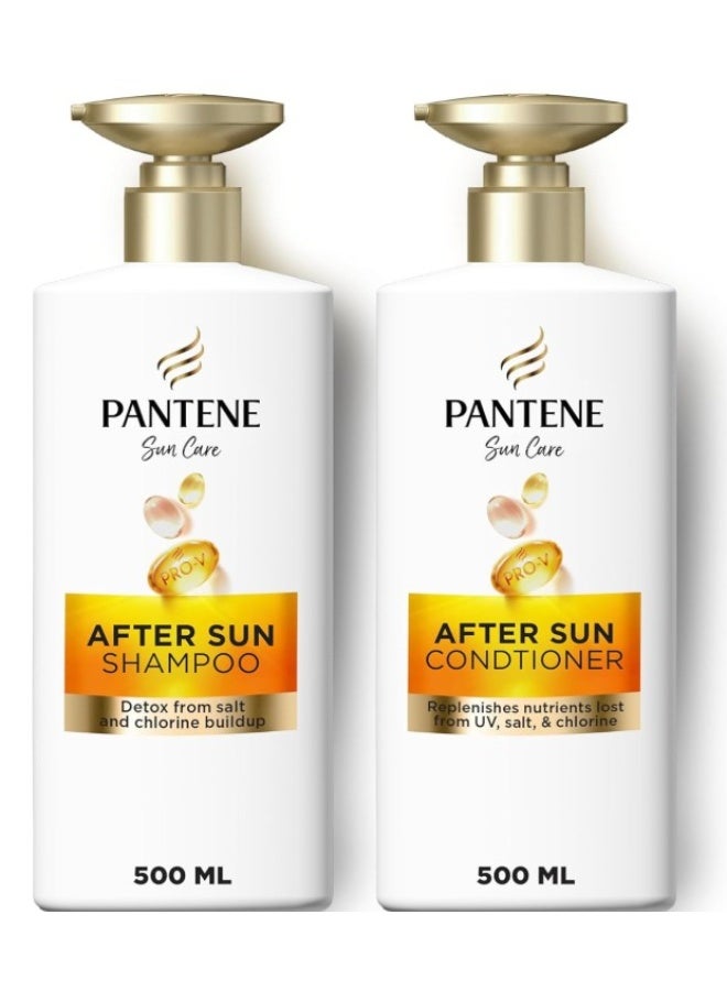 بانتين Pantene Sun Care After Sun Shampoo + Conditioner, Detox from Salt & Chlorine Buildup, Replenishes Nutrients Lost from UV, Salt & Chlorine, Sparkling Fresh Scent, 500ml + 500ml, Pack of 1 - Image 1