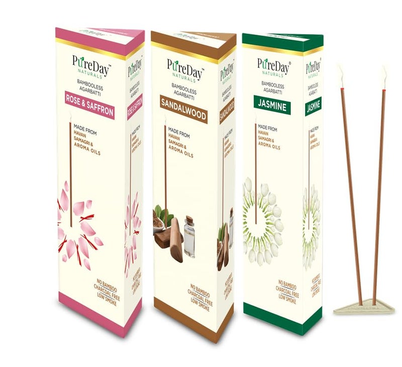 PureDay Bambooless Agarbatti 200 Dhoop Sticks Pack of 3 Rose Saffron 80 Sticks Sandalwood 80 Sticks Jasmine 40 Sticks No Bamboo No Charcoal Lasting Aroma Free Ceramic Stand - Image 1