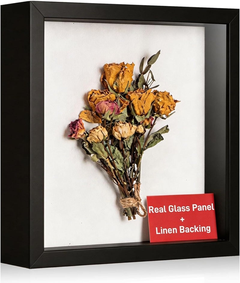 3d deep shadow box frame 8x8in with Real Glass Panel and Soft Linen Back, 8x8in(20.32x20.32cm) Black 3d deep picture photo frames box display Craft Flower Baby Pet Wedding Photo Memorial Gift - Image 1