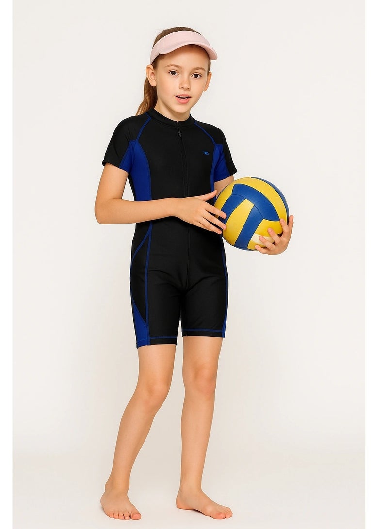 Teen Girls Tropical Plant Print One-Piece Swimsuit with Shorts, Shoulder Zipper and Half Front Opening for Everyday Use