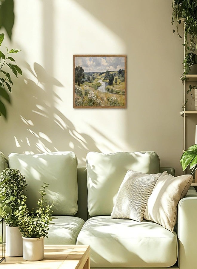 yulihaz Vintage Field Landscape Wall Art Rustic Countryside Flower Rive Wall Decor Picture, Nature Wildflower Meadow Poster Canvas Painting Print for Living Room Bedroom 16x24 inch Wood Framed - Image 4