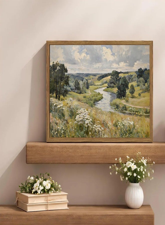 yulihaz Vintage Field Landscape Wall Art Rustic Countryside Flower Rive Wall Decor Picture, Nature Wildflower Meadow Poster Canvas Painting Print for Living Room Bedroom 16x24 inch Wood Framed - Image 2