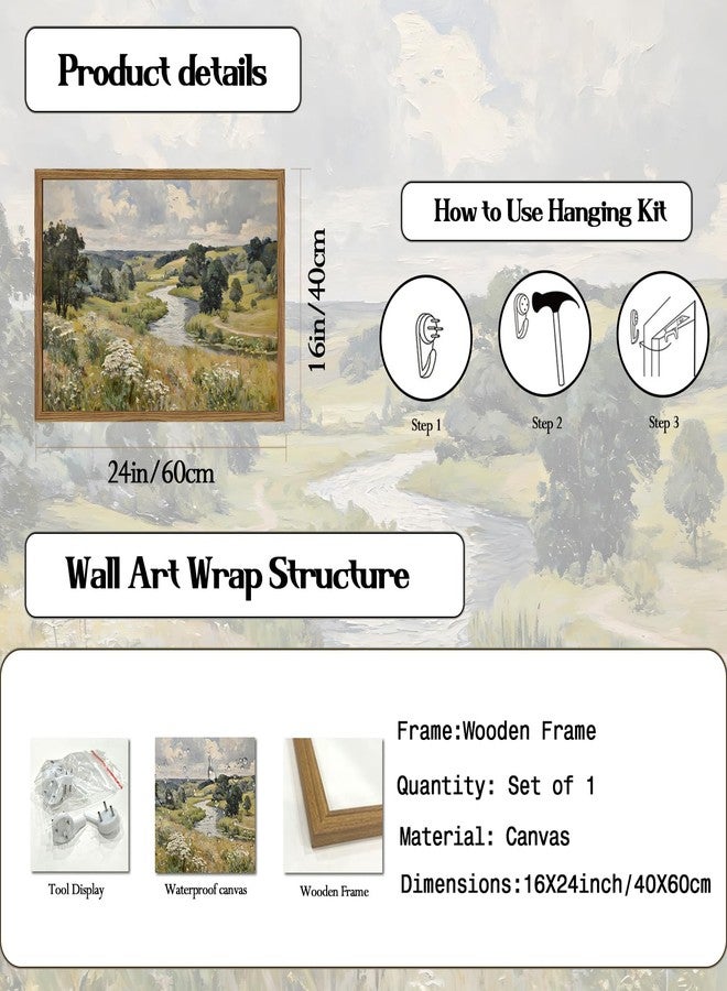 yulihaz Vintage Field Landscape Wall Art Rustic Countryside Flower Rive Wall Decor Picture, Nature Wildflower Meadow Poster Canvas Painting Print for Living Room Bedroom 16x24 inch Wood Framed - Image 3