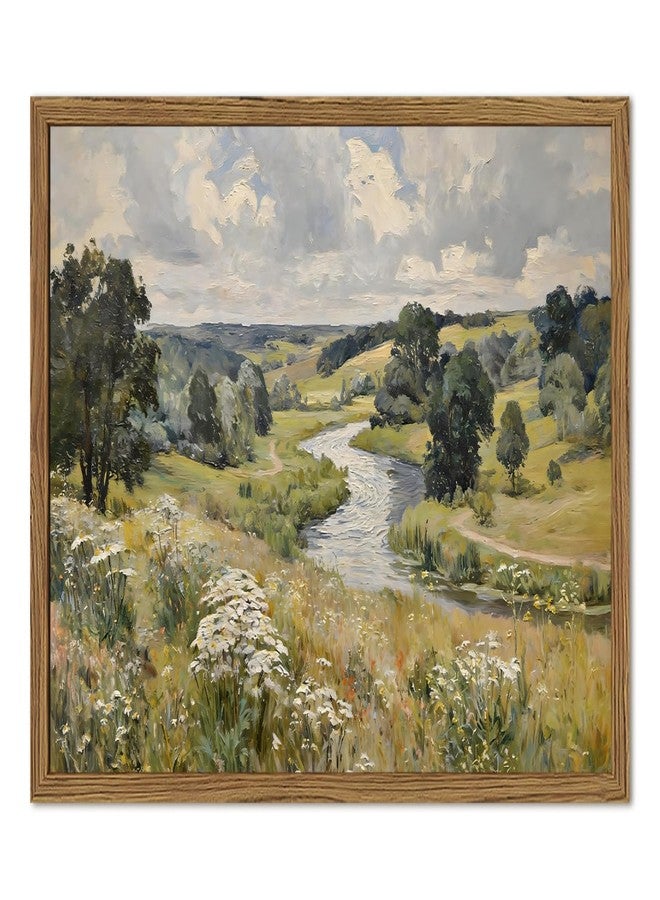 yulihaz Vintage Field Landscape Wall Art Rustic Countryside Flower Rive Wall Decor Picture, Nature Wildflower Meadow Poster Canvas Painting Print for Living Room Bedroom 16x24 inch Wood Framed - Image 1