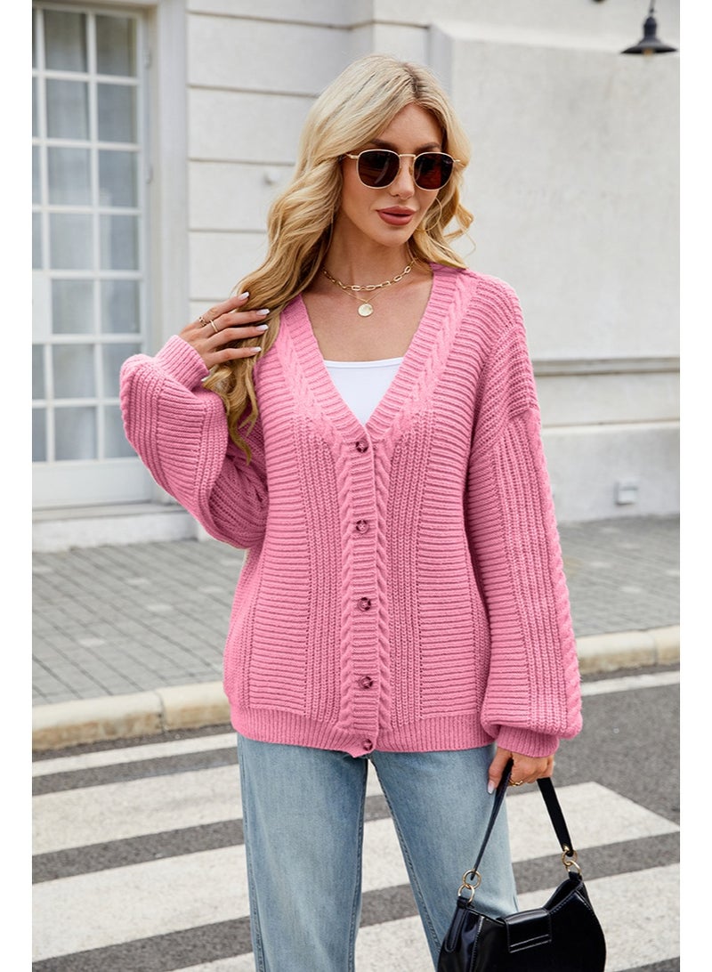 NIBEMINENT American Style Fashion Autumn Winter Lazy Sweaters V Neck Relaxed Cable Knit Cardigan - Image 1