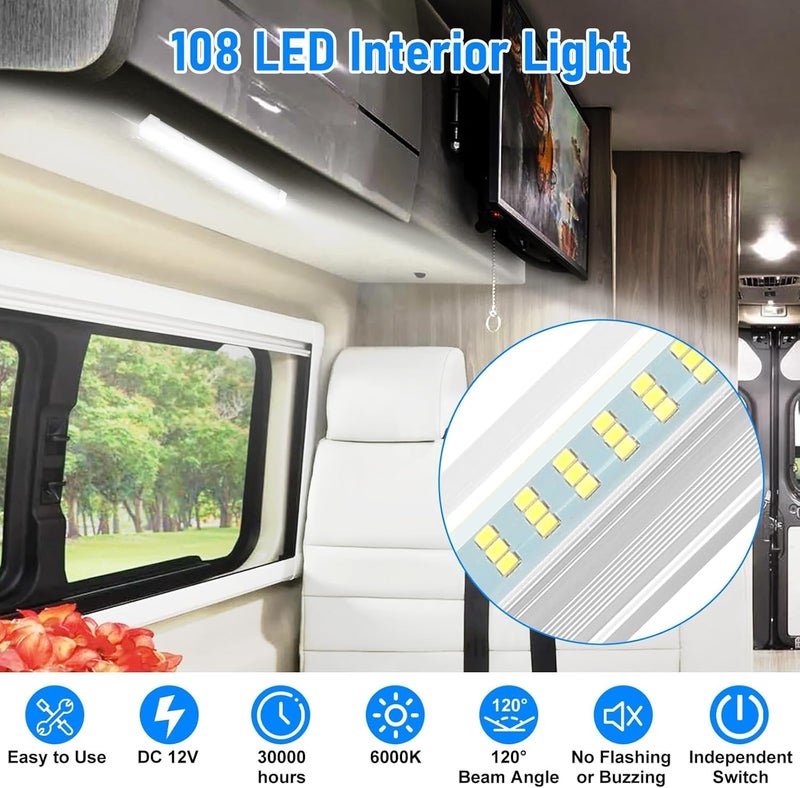 لينك ستايل 4 قطع شريط إضاءة LED داخلي 12 فولت، 108 لمبة LED مع مفتاح تشغيل/إيقاف، 1800 لومن 6 واط إضاءة LED للمركبات الترفيهية والمقطورات والقوارب والشاحنات - Image 2