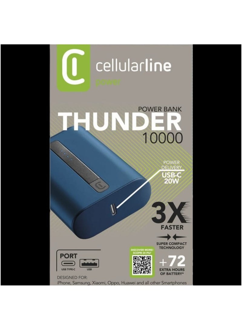 Cellularline Portable Chargers, Extra Compact Portable Charger 10000 Mha - USB-C Power Delivery 20 W for iPhone - 18 W Adaptive USB Port  - Blue - Image 2