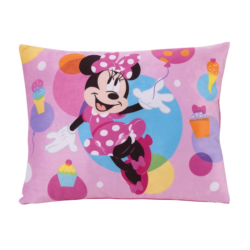 Disney Minnie Mouse Lets Party Pink Turquoise Lavender and Yellow Balloons IceCream Cones and Cupcakes Plush Decorative Pillow