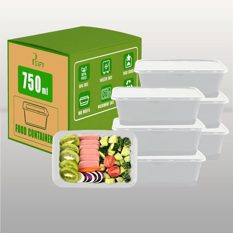 Perfy 750ml Rectangle Reusable Plastic Food Storage Containers With Lids 50PackMicrowave SafeIdeal For Kitchen StorageFood PackingWhite - Image 1