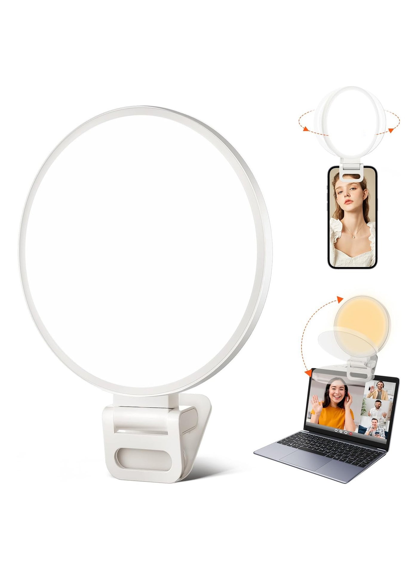Rechargeable Clip-On Ring Light for Selfies and Video Conferencing, 3 Brightness Modes, 10X Brighter Soft Light for Phones and Laptops, Perfect for Live Streaming and Webcam Use.