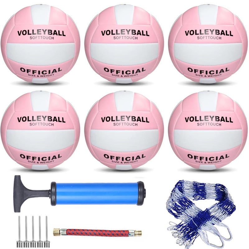 LonlyEagle 6 Pack Official Size 5 Synthetic Leather Volleyballs, Includes Pump and Net Bag, Volley Ball for Indoor and Outdoor Competition(Pink) - Image 1