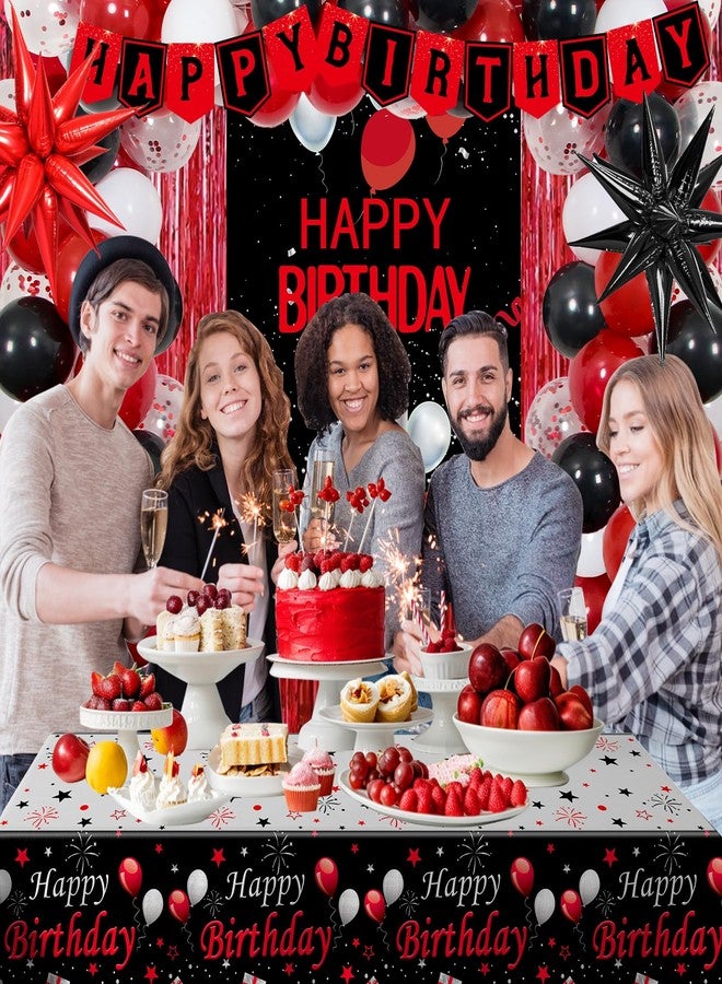 Pounira Red and Black Birthday Decorations for Men Women, Red Party Decorations for Boys Girls Happy Birthday Decorations Door Banner, Tablecloth Foil Backdrop Star Balloons for Men Bday Party Supplies - Image 2