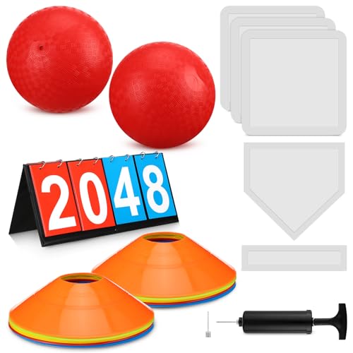 Poen 19 Pcs Sports Kickball Set Including 2 Pcs 10 Inch Playground Ball with Air Pump 5 Rubber Bases 10 Foul Marker Discs and a Flip Scoreboard for Adults Outdoor Backyard Game - Image 1