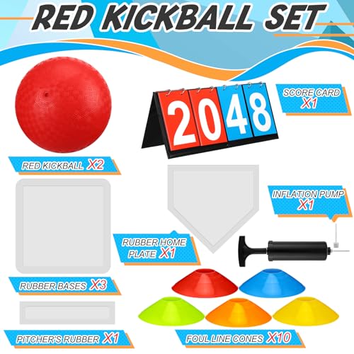 Poen 19 Pcs Sports Kickball Set Including 2 Pcs 10 Inch Playground Ball with Air Pump 5 Rubber Bases 10 Foul Marker Discs and a Flip Scoreboard for Adults Outdoor Backyard Game - Image 5