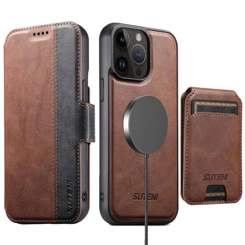 Suteni For Iphone 13 Pro Max Q07S2 3-In-1 Detachable Vertical Flip Wallet Magsafe Splicing Leather Phone Case(Brown) - Image 1