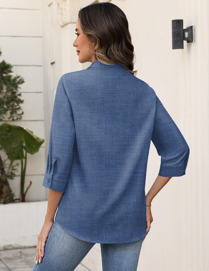 Zeagoo Womens Tops Button Down 3/4 Sleeve Shirts Dressy Casual Collared Blouses Summer Vacation Clothes Denim Blue - Image 5