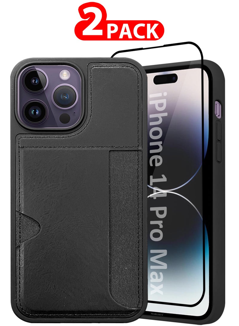 CATANES iPhone 14 Pro Max 2Packs Case Leather Antifingerprint Cover with Wallet Card Slot Shell, Side Insert Card Holder, Anti Fall Protection - Black - Image 1