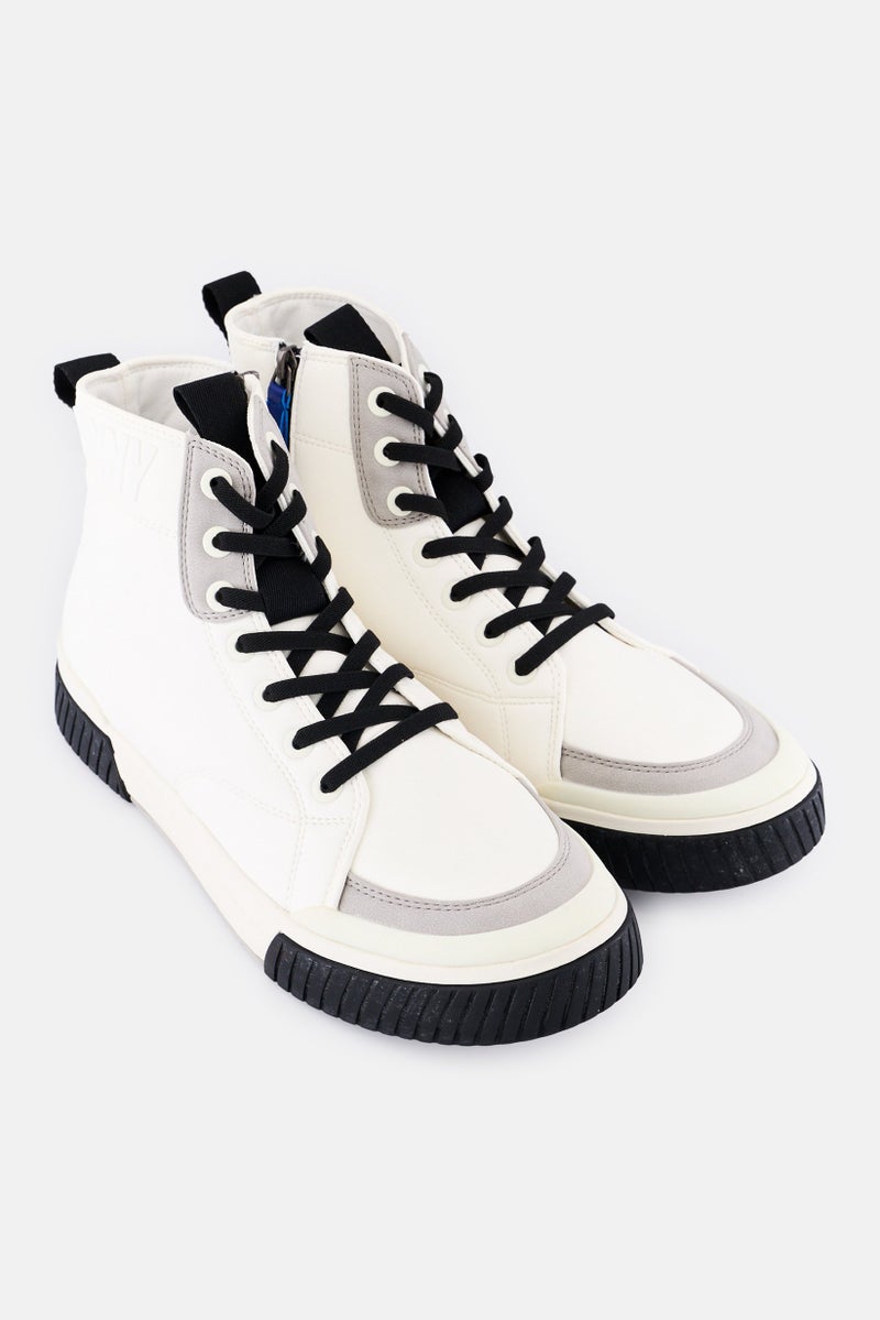 DKNY أحذية رجالية متوسطة الحجم برباط عالي مع شعار العلامة التجارية، بيضاء - Image 2