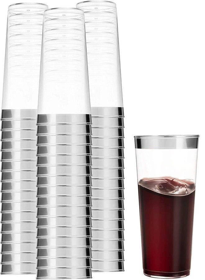Munfix 100 Silver Plastic Tumblers - 16 Oz Clear, Elegant Wedding & Party Cups with Silver Rim - Image 1