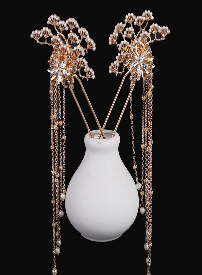 Pokinge Chinese Hair Sticks,Hanfu Long Tassel Hair Stick Set Traditional Classical Crystal Pearl Hair Pins/Hair Comb/Earrings Classical Style Handmade Hair Accessories for Women Girls - Image 3