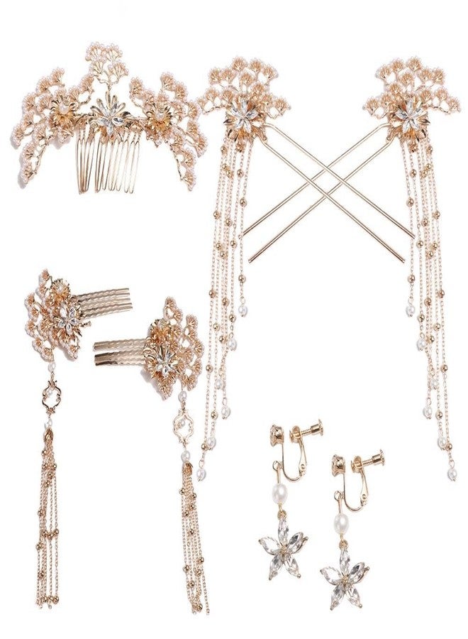 Pokinge Chinese Hair Sticks,Hanfu Long Tassel Hair Stick Set Traditional Classical Crystal Pearl Hair Pins/Hair Comb/Earrings Classical Style Handmade Hair Accessories for Women Girls - Image 1