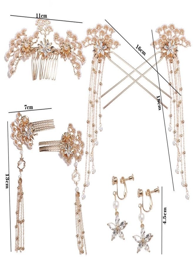 Pokinge Chinese Hair Sticks,Hanfu Long Tassel Hair Stick Set Traditional Classical Crystal Pearl Hair Pins/Hair Comb/Earrings Classical Style Handmade Hair Accessories for Women Girls - Image 2