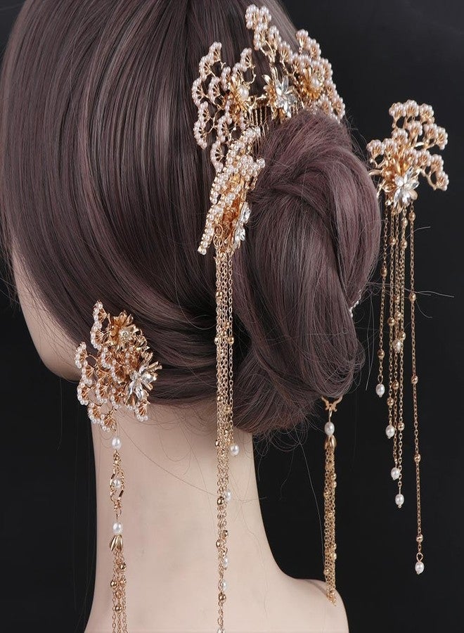 Pokinge Chinese Hair Sticks,Hanfu Long Tassel Hair Stick Set Traditional Classical Crystal Pearl Hair Pins/Hair Comb/Earrings Classical Style Handmade Hair Accessories for Women Girls - Image 5