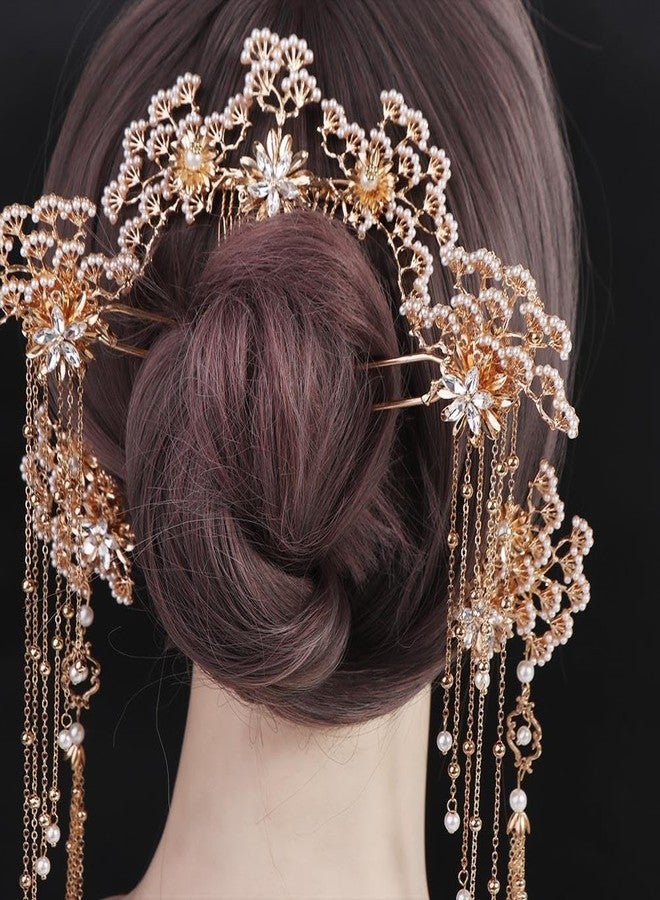 Pokinge Chinese Hair Sticks,Hanfu Long Tassel Hair Stick Set Traditional Classical Crystal Pearl Hair Pins/Hair Comb/Earrings Classical Style Handmade Hair Accessories for Women Girls - Image 4