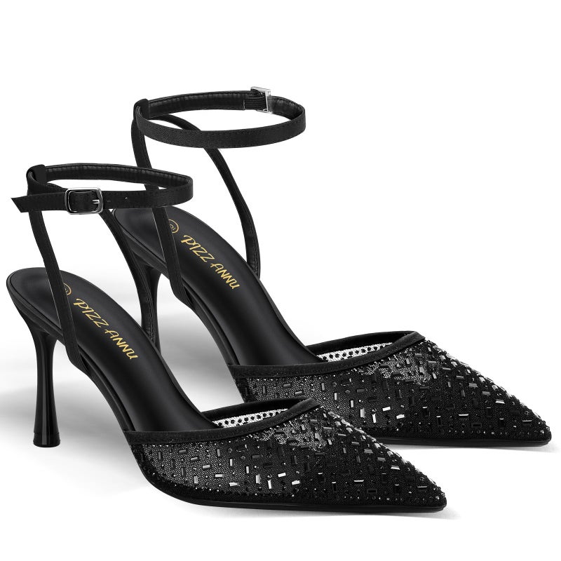 PIZZ ANNU Women's Cienna High Heels Sexy Stiletto Pumps Closed Toe Mesh Sparkly Rhinestones Ankle Strap Dress Wedding Party Pumps Shoes, Black 8 - Image 4