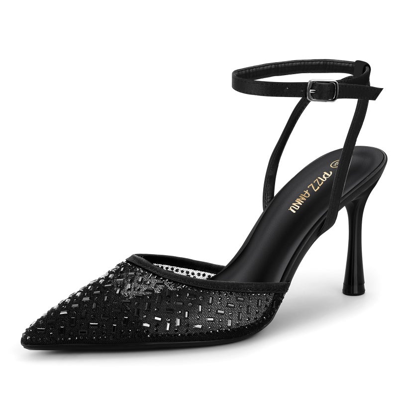 PIZZ ANNU Women's Cienna High Heels Sexy Stiletto Pumps Closed Toe Mesh Sparkly Rhinestones Ankle Strap Dress Wedding Party Pumps Shoes, Black 8 - Image 1