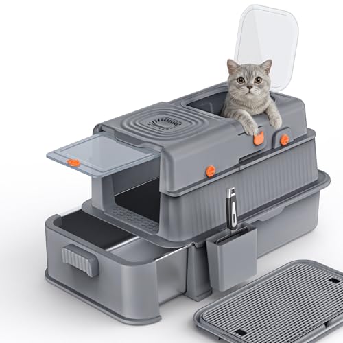 Soulbond Stainless Steel Cat Litter Box with Lid, Enclosed Large Metal Litter Box with Drawer and Flip Door for Big Cats, Top Entry, Odor Control, Easy to Clean (Grey) - Image 1