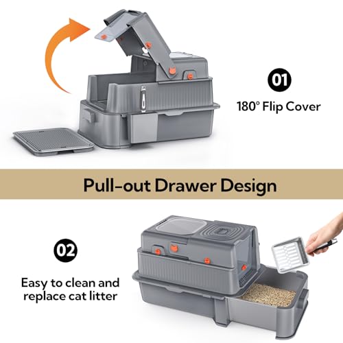 Soulbond Stainless Steel Cat Litter Box with Lid, Enclosed Large Metal Litter Box with Drawer and Flip Door for Big Cats, Top Entry, Odor Control, Easy to Clean (Grey) - Image 3