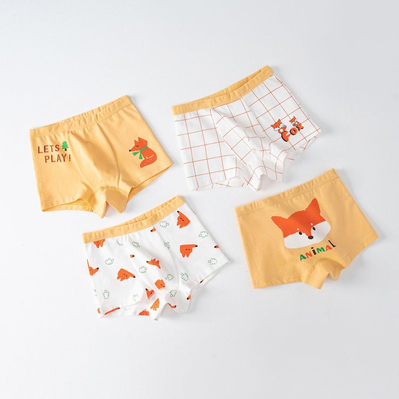 Childrens Underwear Boys Baby Childrens Big Children 5A Bacteriostatic Boxer Shorts Boys Four Corner Boxer Cartoon Shorts Little fox [pure cotton antibacterial 4 pack]